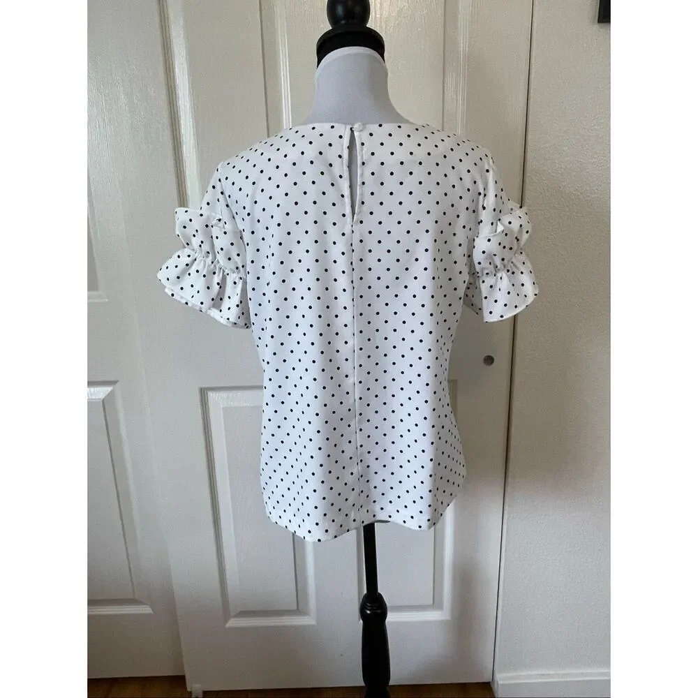 Banana Republic Polka Dot Ruffle Puff Sleeve Shirt Black And White Size Petite M